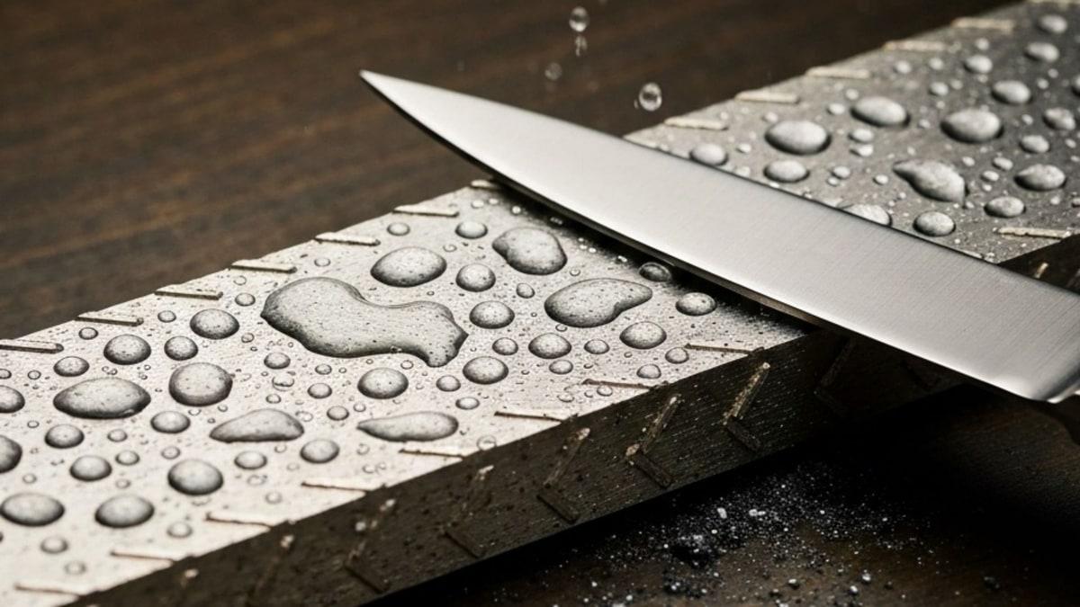 Diamantbryne med vanndråper og polert knivegg.