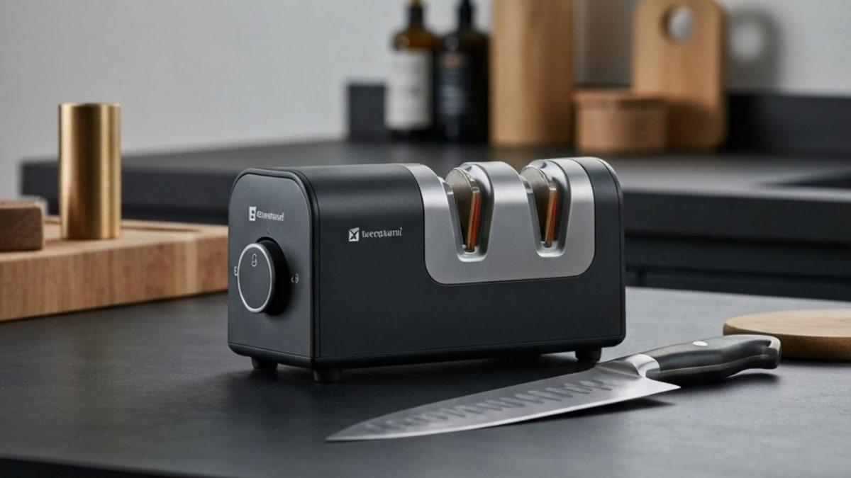 Elektrisk knivsliper og kokkekniv på mørk kjøkkenbenk.