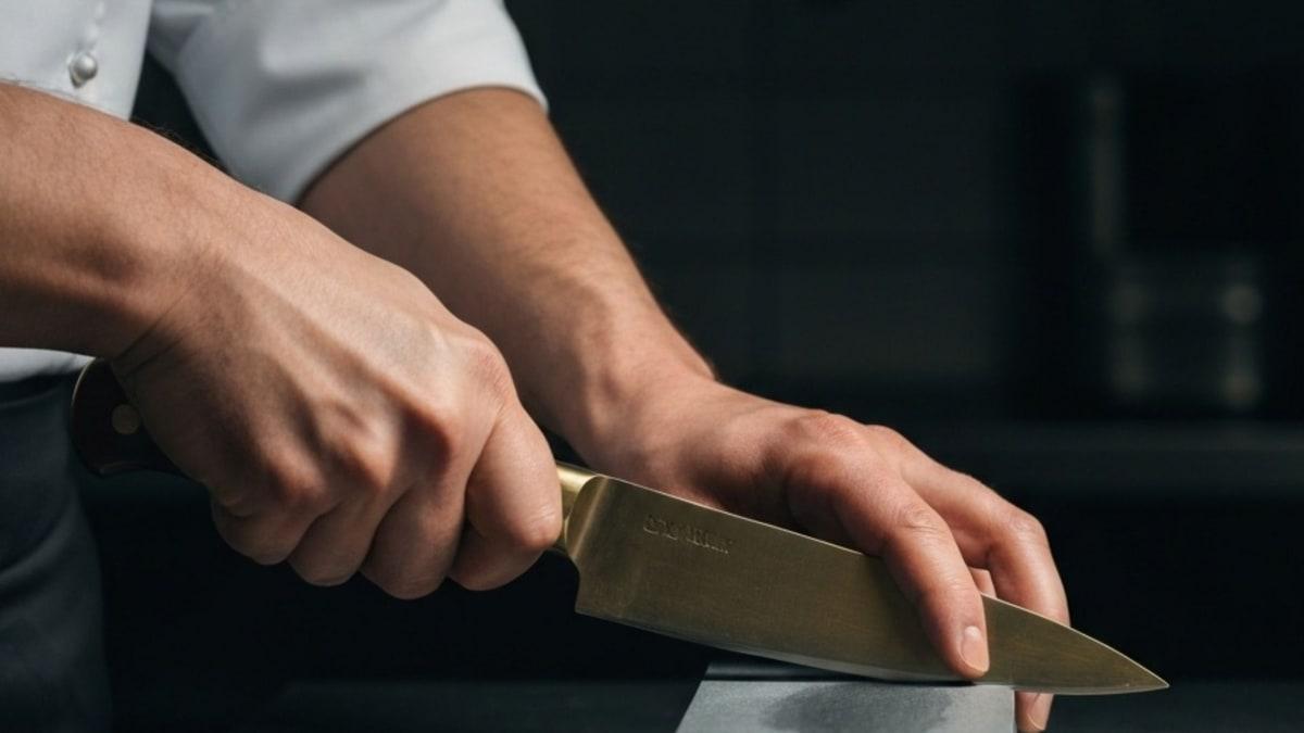Hender som sliper en kokkekniv på brynestein.